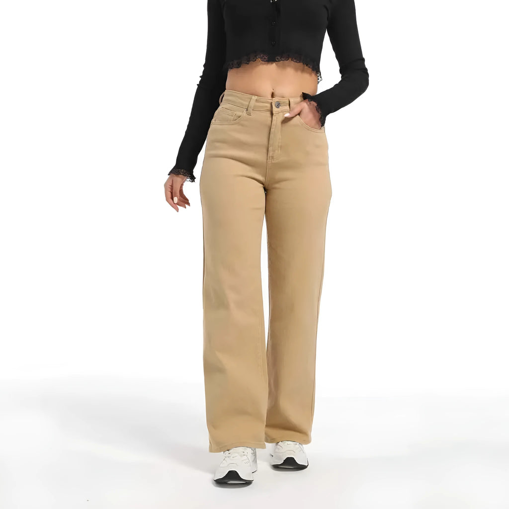 Women's autumn straight jeans wide leg style in apricot colour high waist cotton