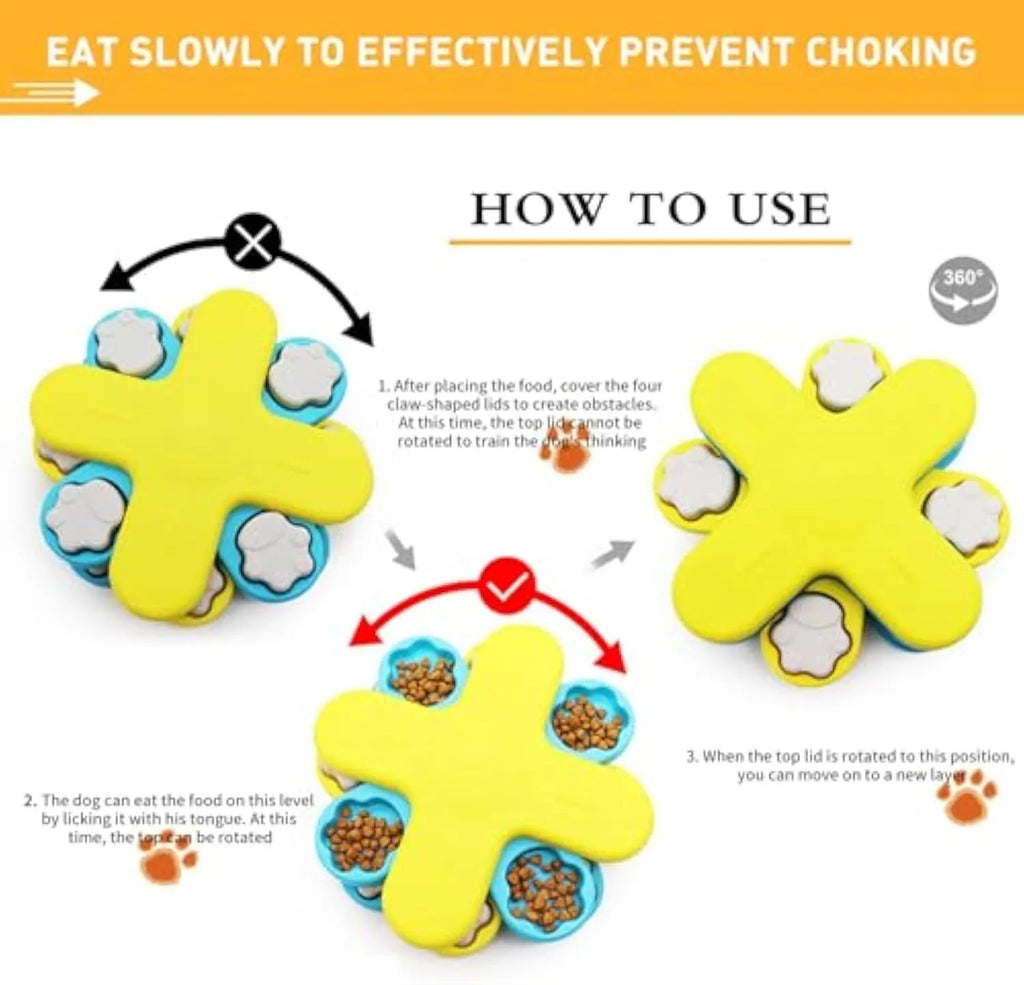 Yellow three-layer rotating dog puzzle feeder with claw-shaped lids and anti-slip rubber base