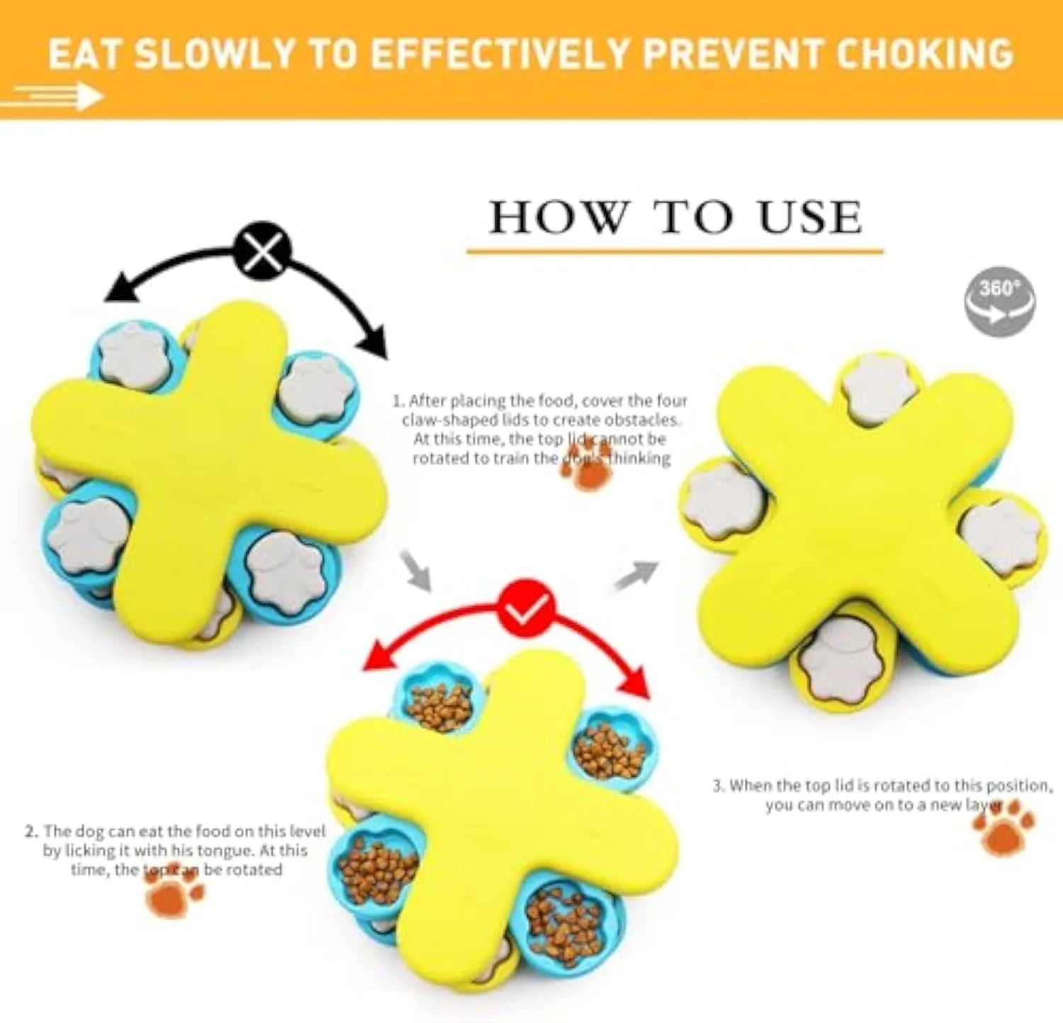 Yellow three-layer rotating dog puzzle feeder with claw-shaped lids and anti-slip rubber base
