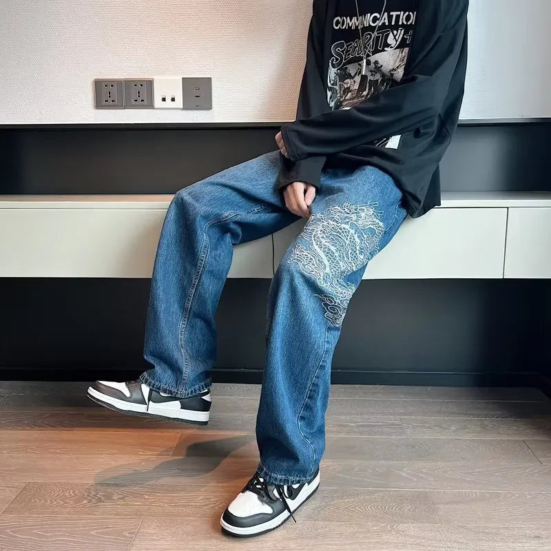 Loose embroidered jeans for men in Golden Dragon colour, polyester cowboy fabric, three-dimensional tailoring, no elasticity, size options S to 3XL