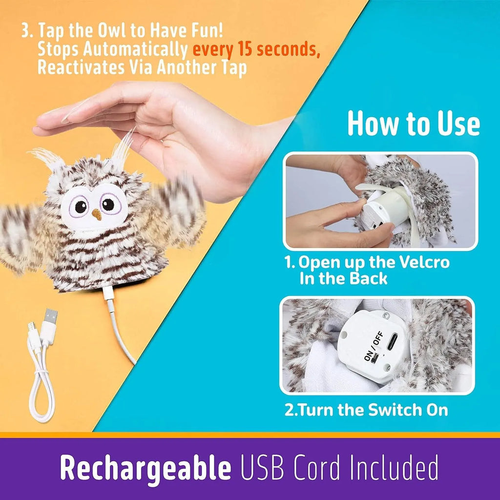 Grey automatic chirping owl cat toy with flapping wings