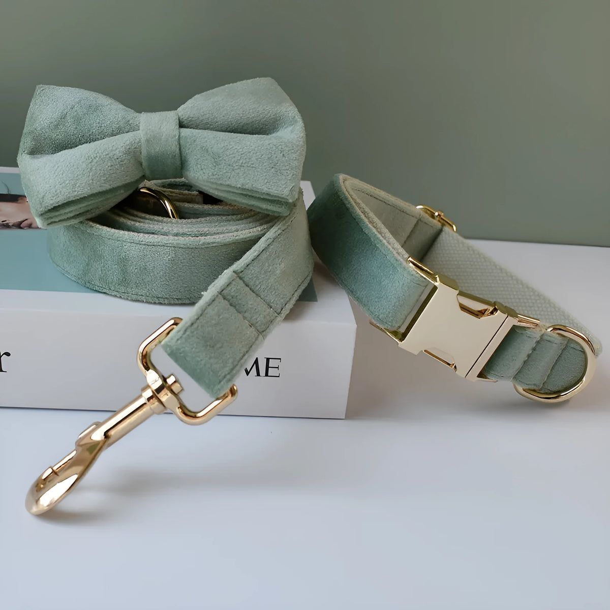 Mint green velvet dog collar and leash set with bow tie, sizes S to XL, leisure style for dogs