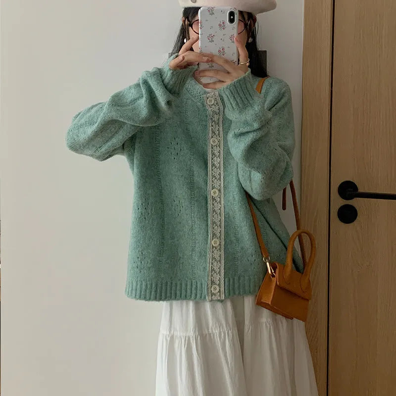 Korean artistic retro style sweater coat in viscose fibre fabric, loose-fitting cardigan design