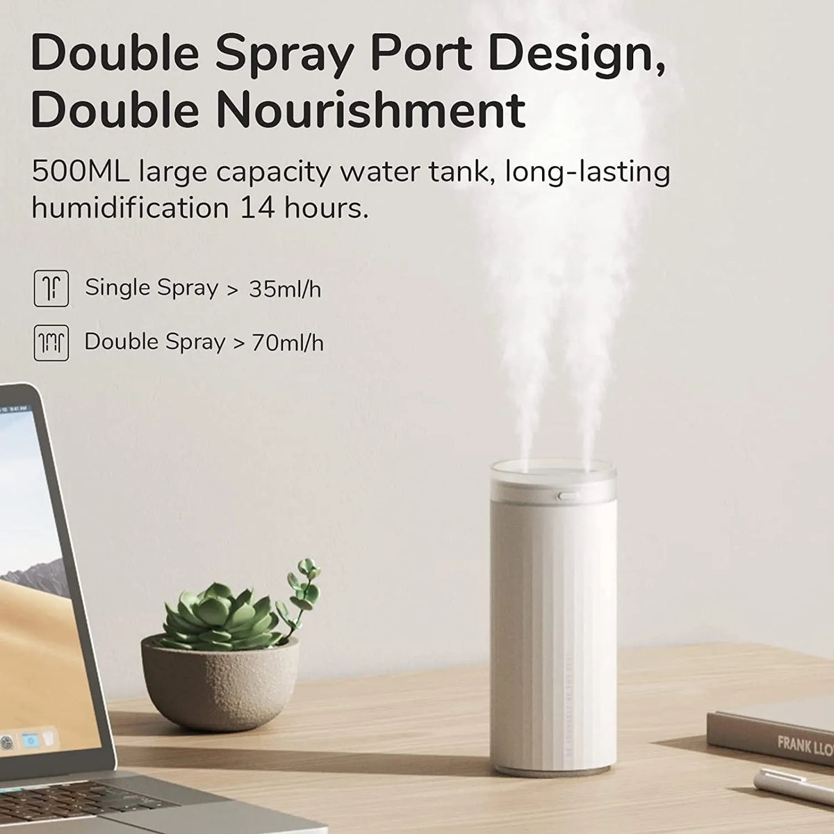 500ml small humidifier with night light in Earth Brown, Coral Pink, or White, USB and car powered for desk or vehicle use.