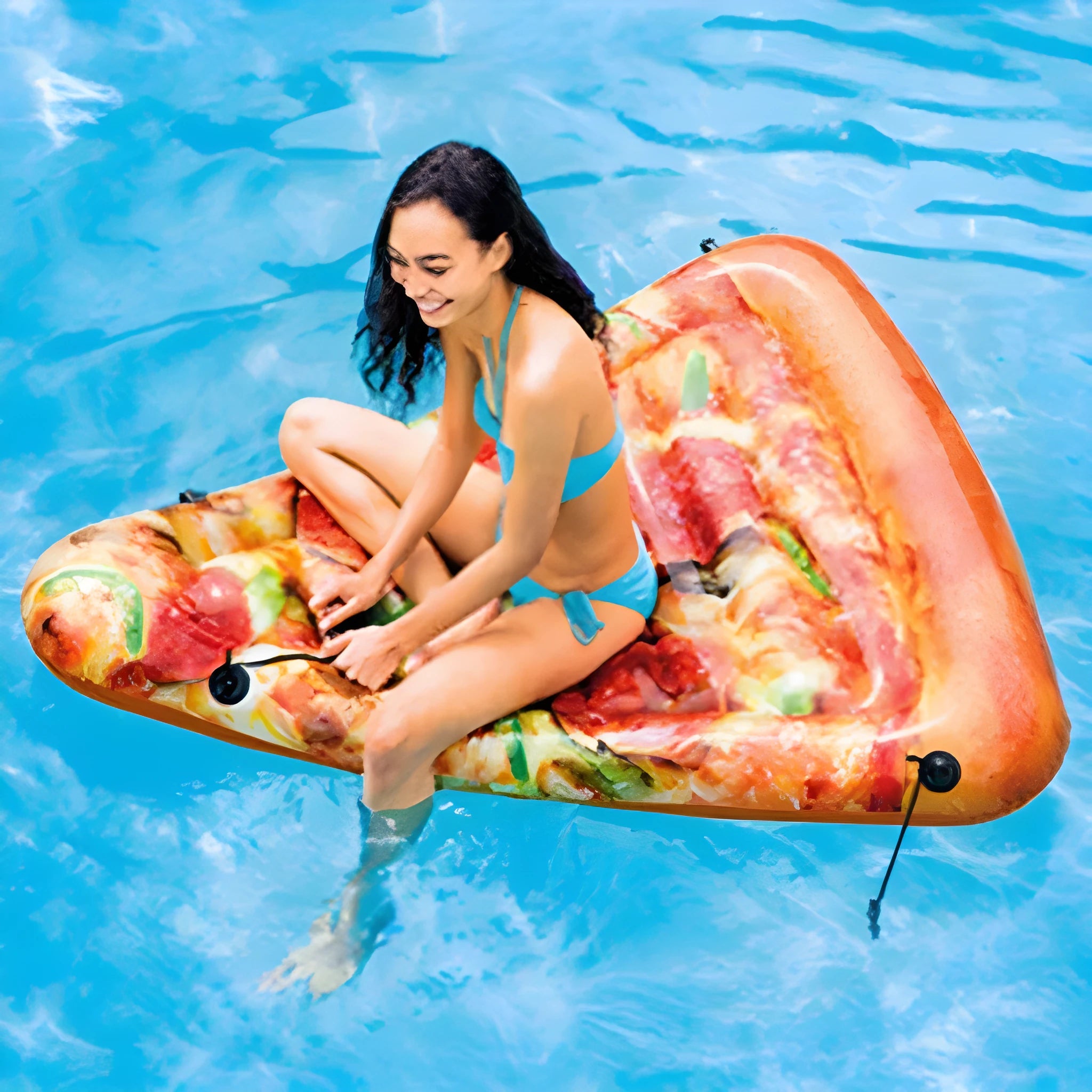 Large inflatable pizza-themed surfboard lounger floating on water.