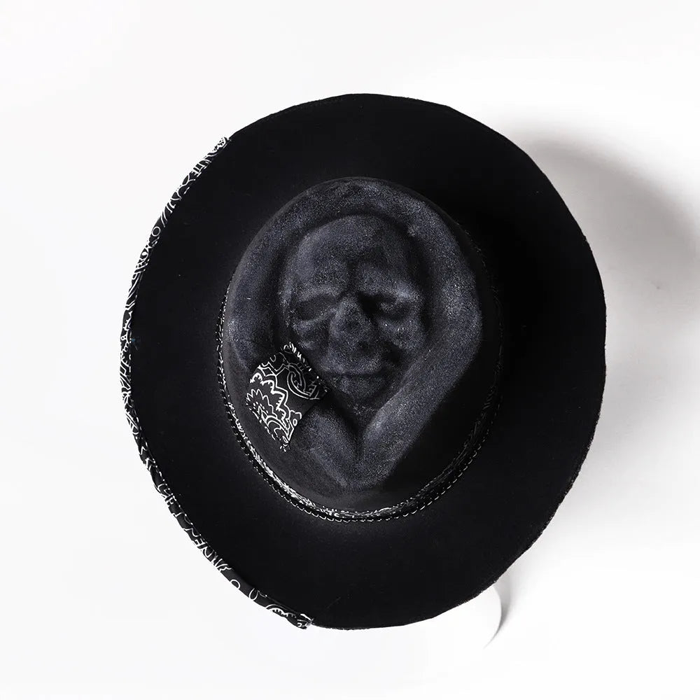 Handmade wool felt denim skull hat with conical crown and skull print design for Halloween costumes