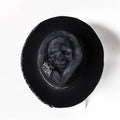 Handmade wool felt denim skull hat with conical crown and skull print design for Halloween costumes