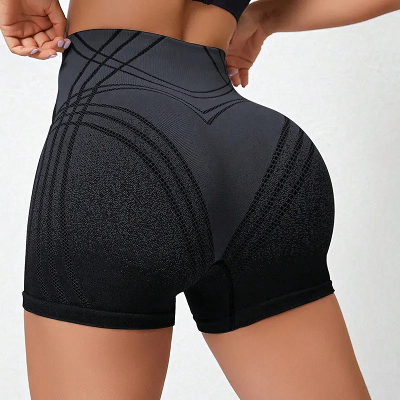 Women's brown gradient high-waisted fitness shorts for yoga and running.