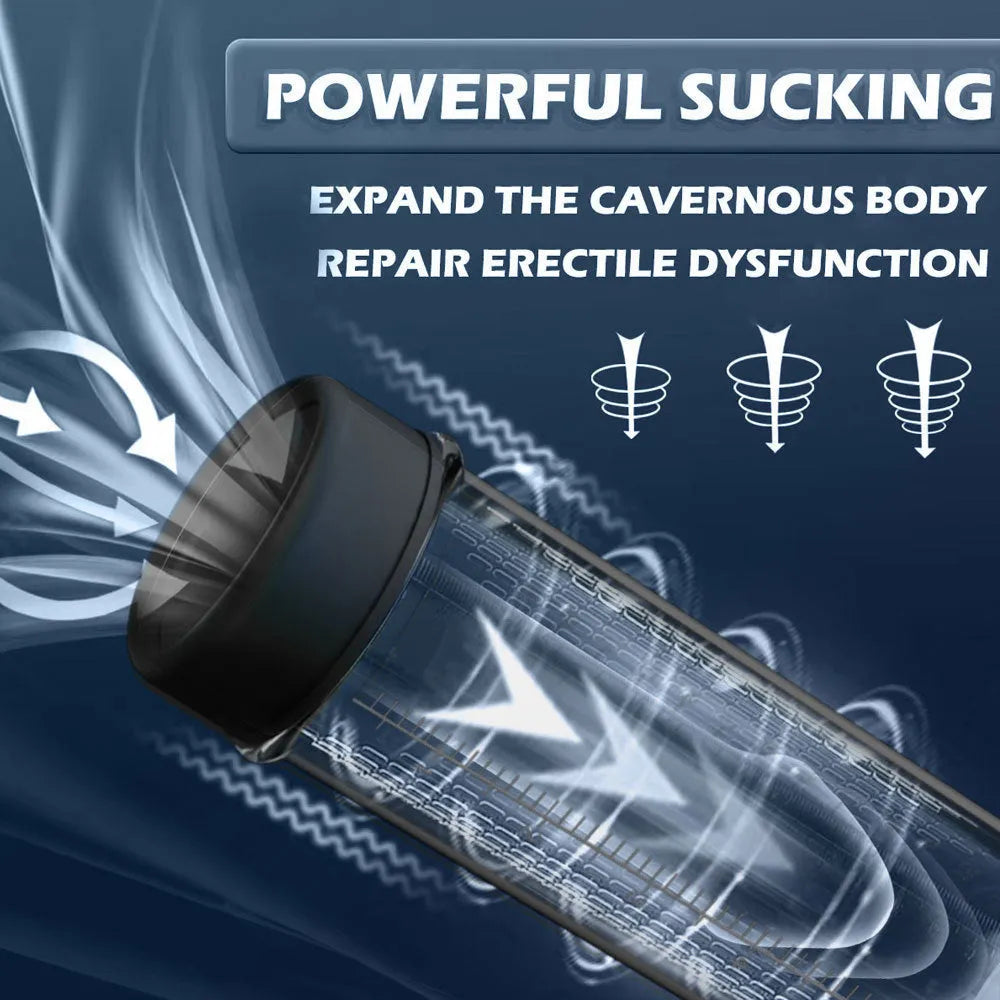 Electric penis pump vacuum trainer for men made from ABS and TPE materials.