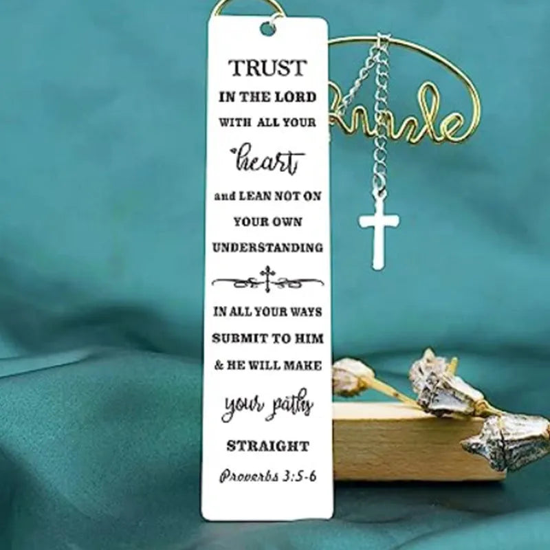 Stainless steel bookmark with etched Bible verse in a steel colour finish