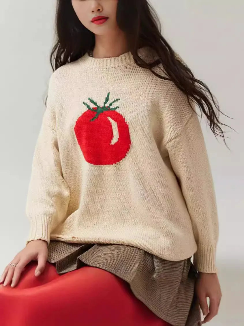 Women's loose-fitting jacquard knit acrylic sweater in milky white beige colour with round neck