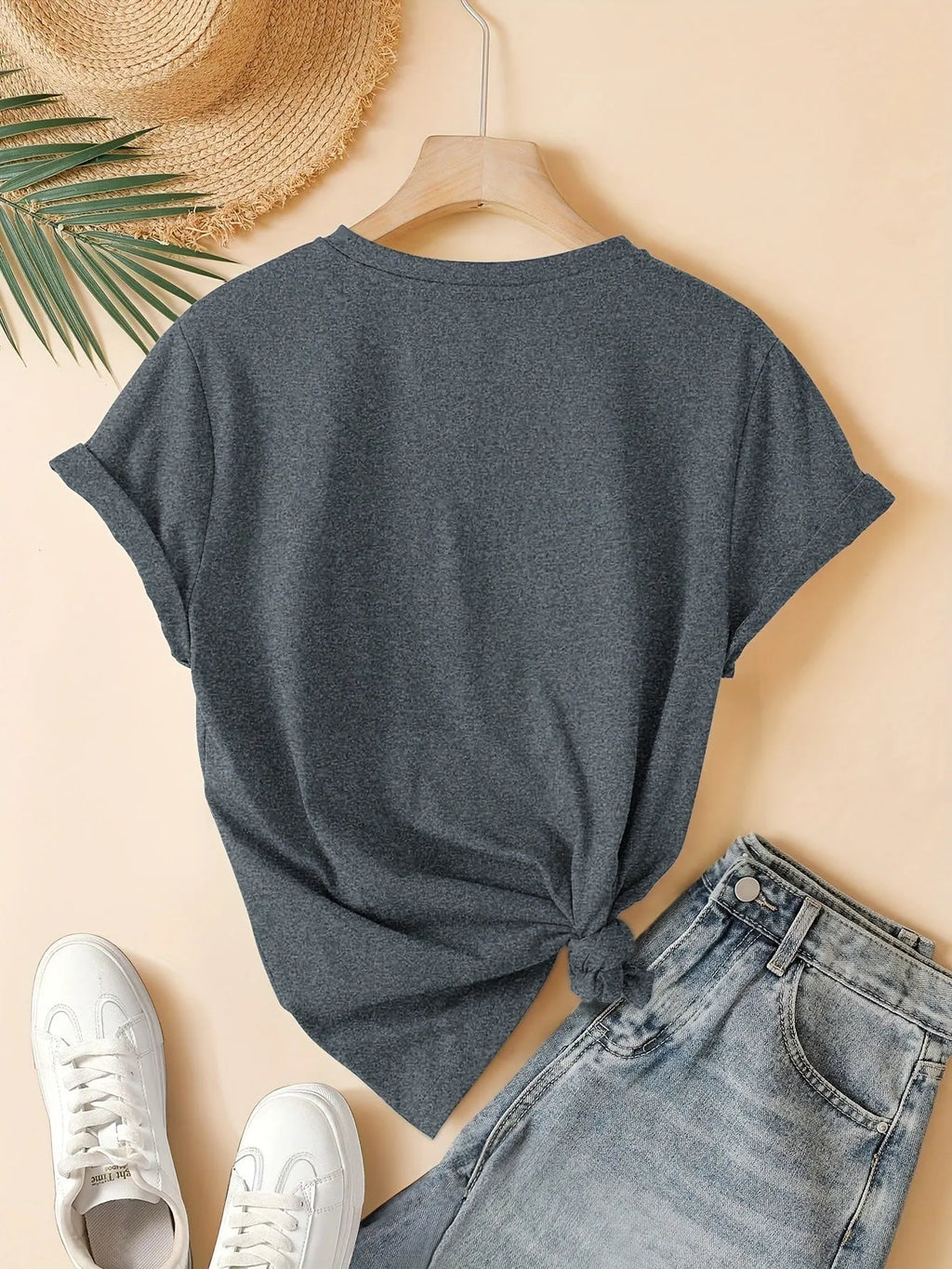 Women's pure cotton T-shirt with three heart printing in blue colour, short sleeve round neck design