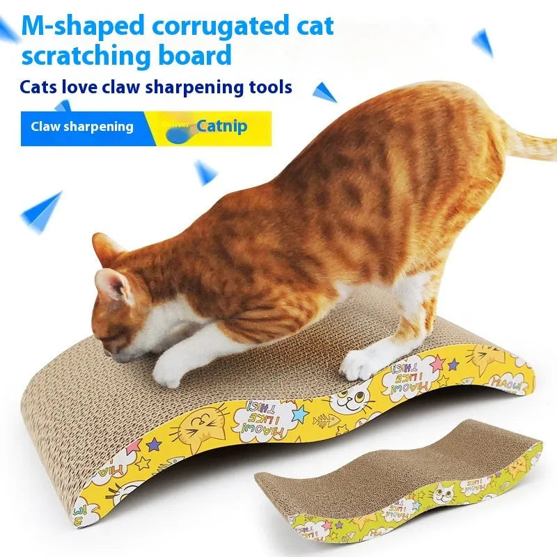 Corrugated paper cat scratch board in various shapes including bone type, M type, and triangle designs