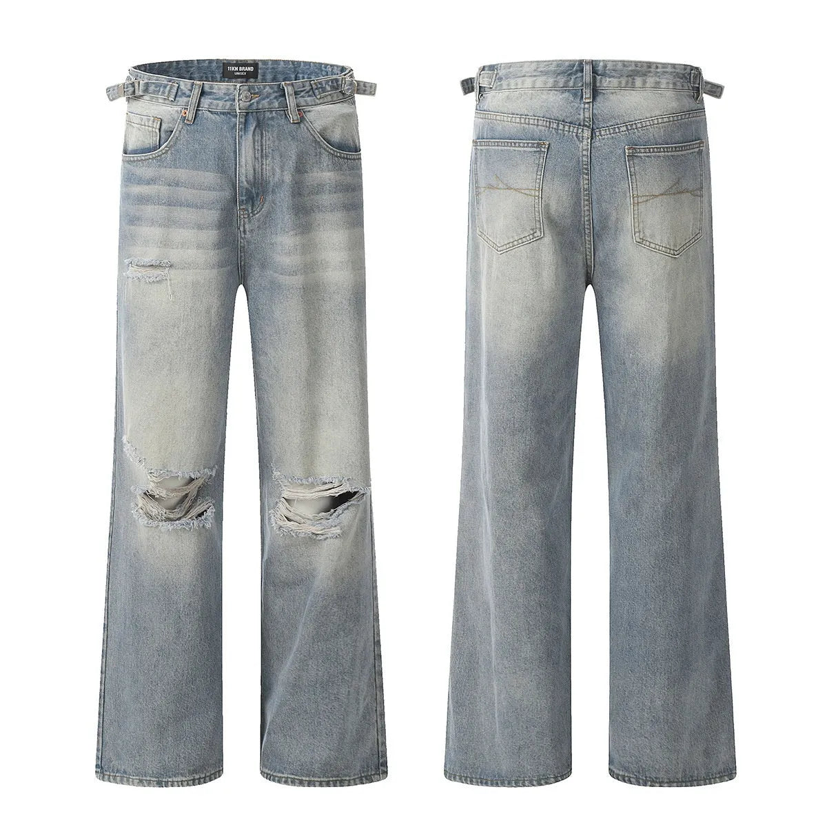 Men's blue straight-leg jeans with retro ripped distressing on the legs