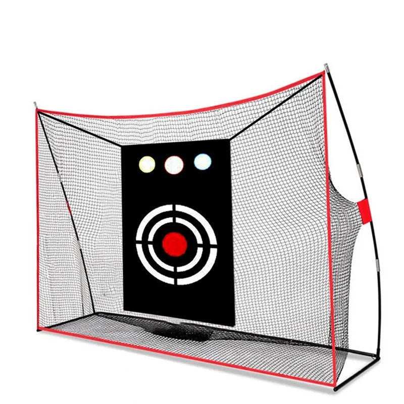 Golf swing wedge training net set with hitting mat and practice balls on grass.