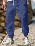 Men's straight cut summer trousers with elastic waistband in cotton blend fabric