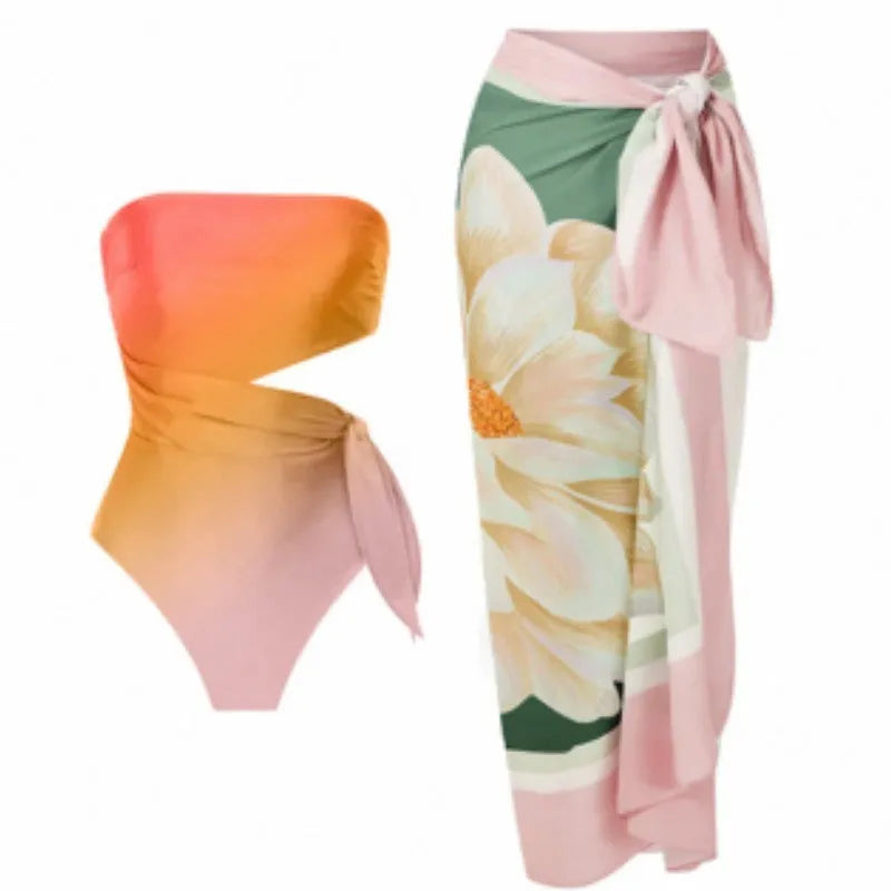 Women's retro floral print one-piece swimsuit on a mannequin, showing front and back detail.