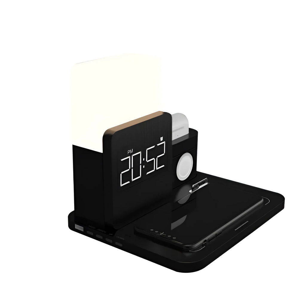 3-in-1 Qi wireless charging stand for iPhone, AirPods, and Apple Watch in dark green.