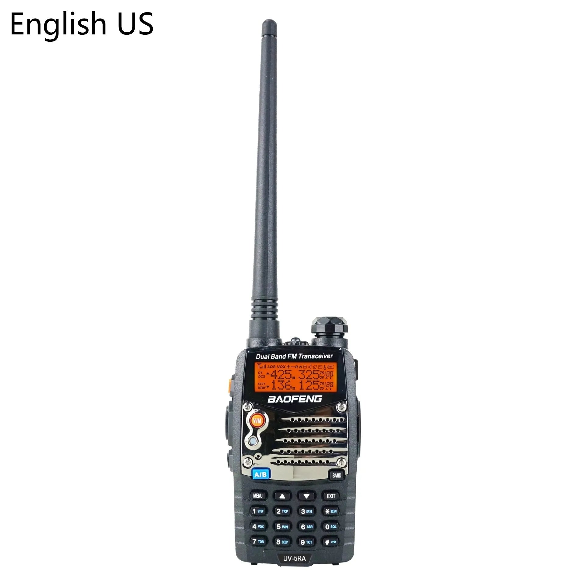 Baofeng UV-5RA dual display two-way radio with optional headset configurations.