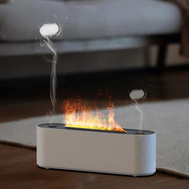 Black and white ultrasonic humidifier with flame LED lights and water mist output