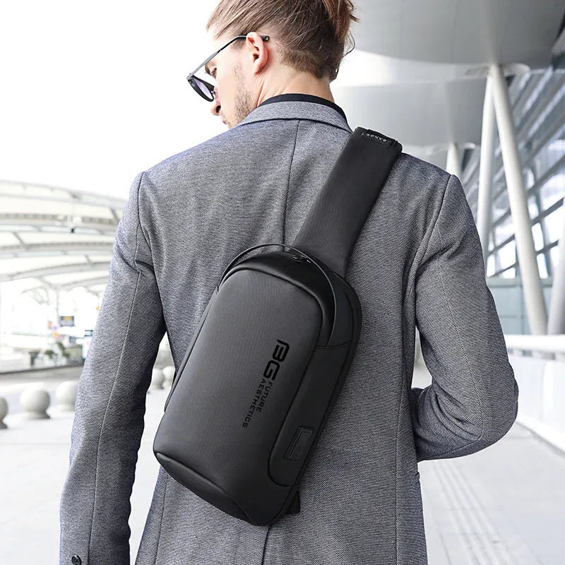 Men's black Oxford cloth business shoulder bag with USB charging port and multiple compartments