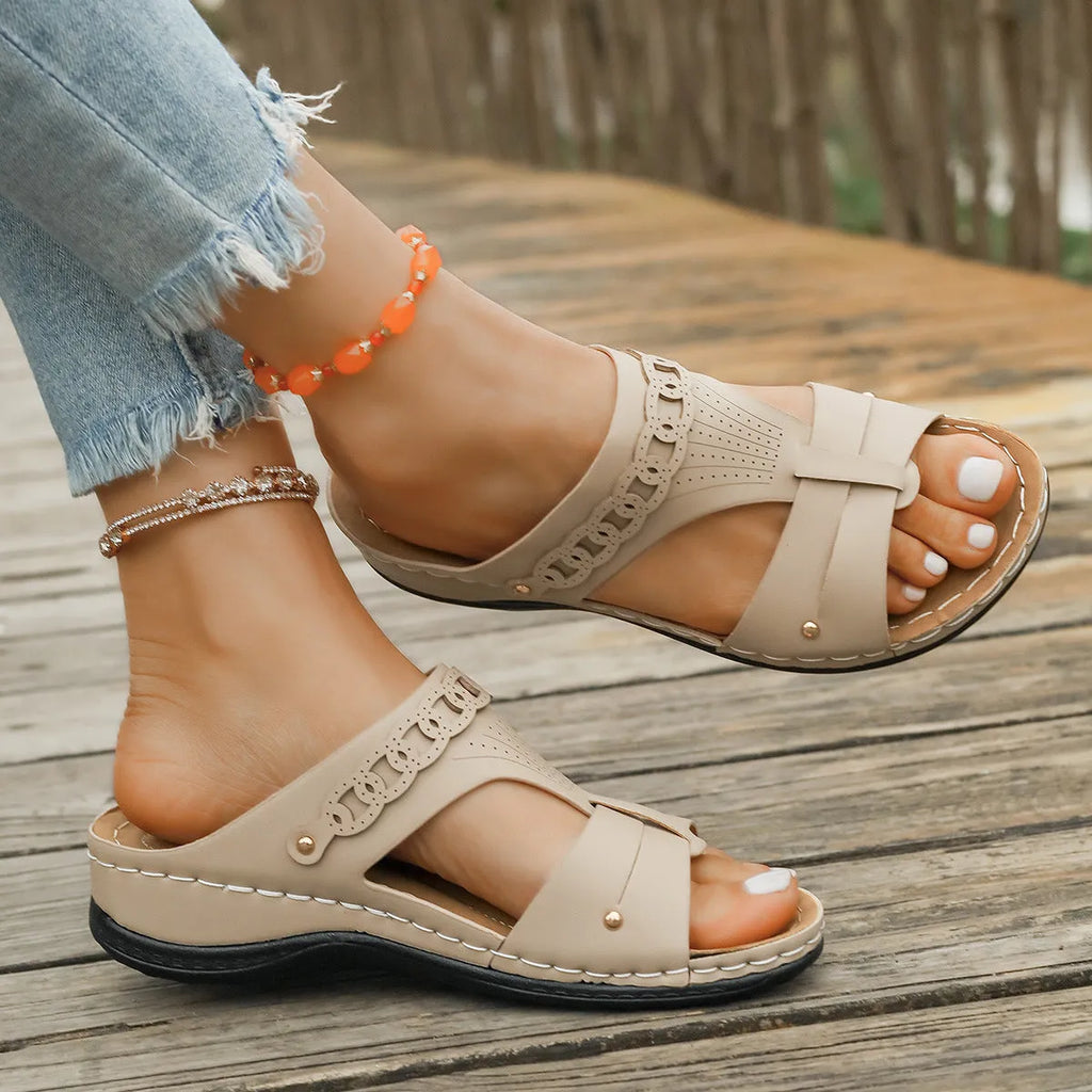 Slope heel Roman style slippers with fish mouth toe holder in multiple colour options