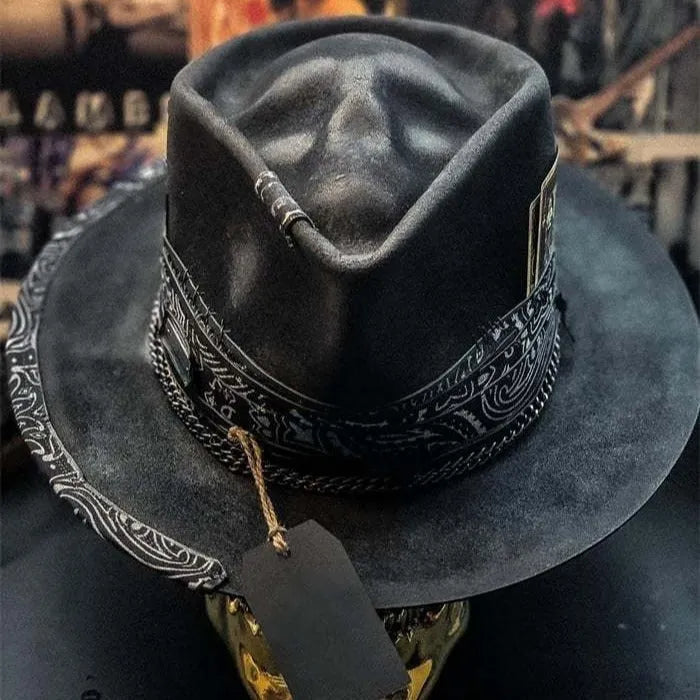 Handmade wool felt denim skull hat with conical crown and skull print design for Halloween costumes