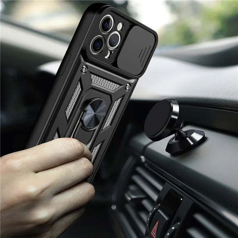 Sergeant sliding window magnetic bracket mobile phone case for iPhone in multiple solid colours.