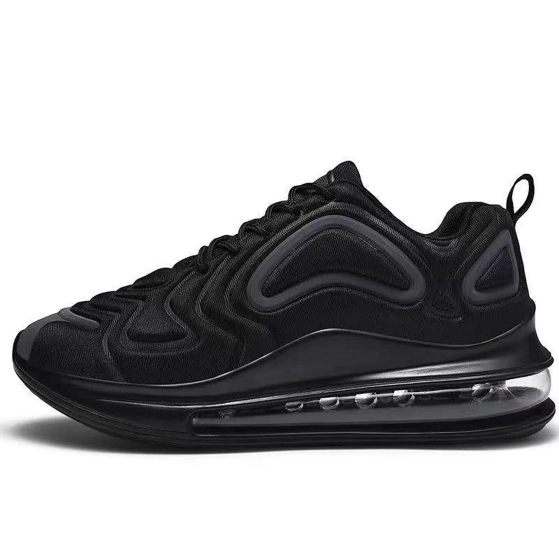 Men's black casual shoes with air cushion design, lace-up front, and thick sole for outdoor running