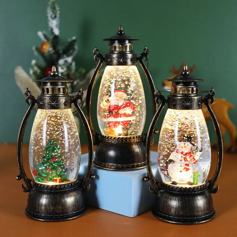 Crystal ball LED oil lamp Christmas decoration with snow globe effect showing detailed figurine scene