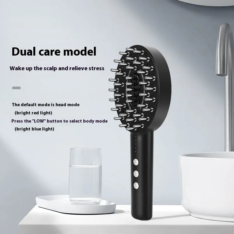 Black rechargeable scalp massager device with vibration function, shown with charging cable.