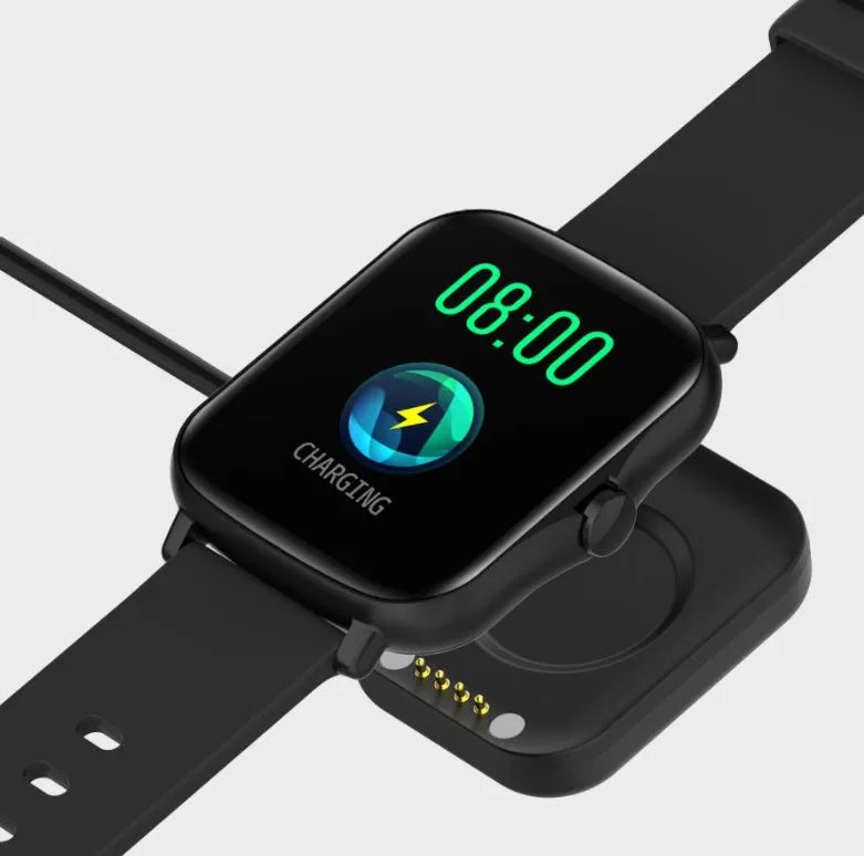 Blue smart watch with 1.7-inch touch screen on adjustable strap, showing heart rate monitoring interface.