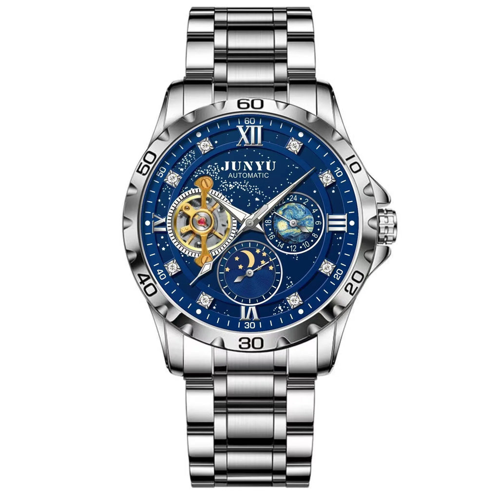Men's automatic mechanical watch with luminous markers in rose gold, silver, or gold cases