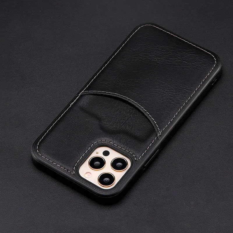 Dark blue PU leather protective case for iPhone showing front and back views