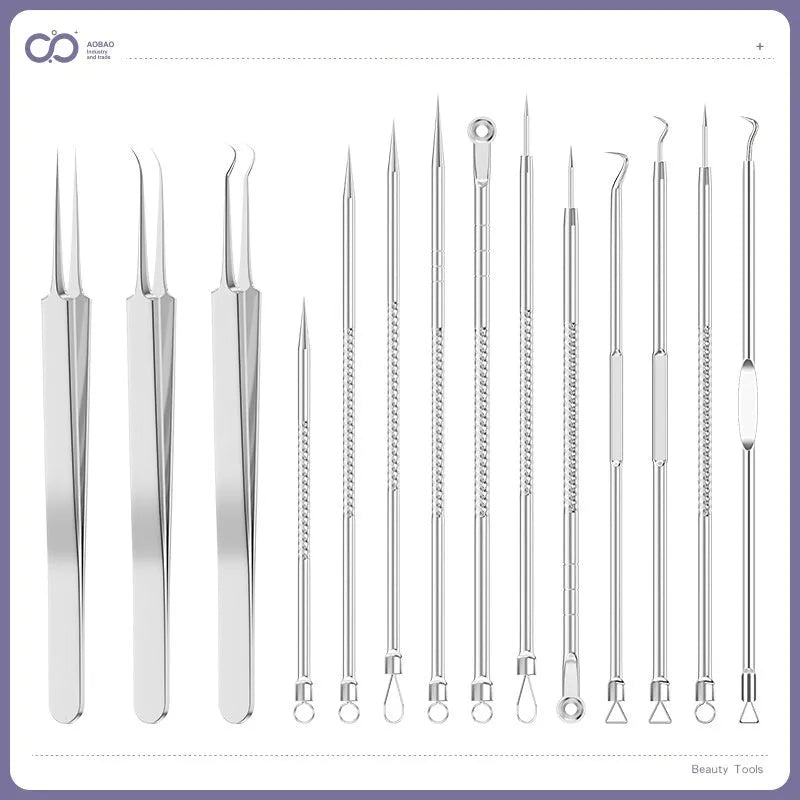 Four silver metal acne needles with ultra-fine pointed tips for skincare treatment.