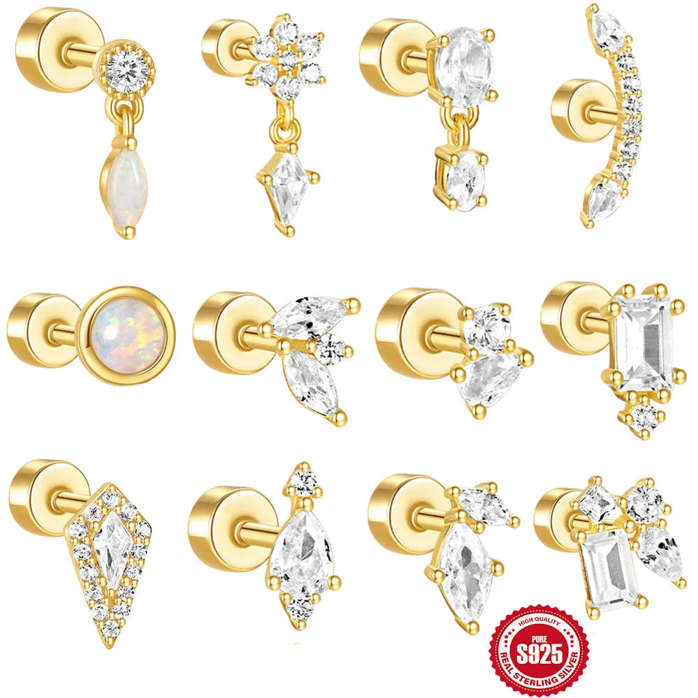 S925 sterling silver flat column geometric ear bone stud with threaded post in a gold colour.
