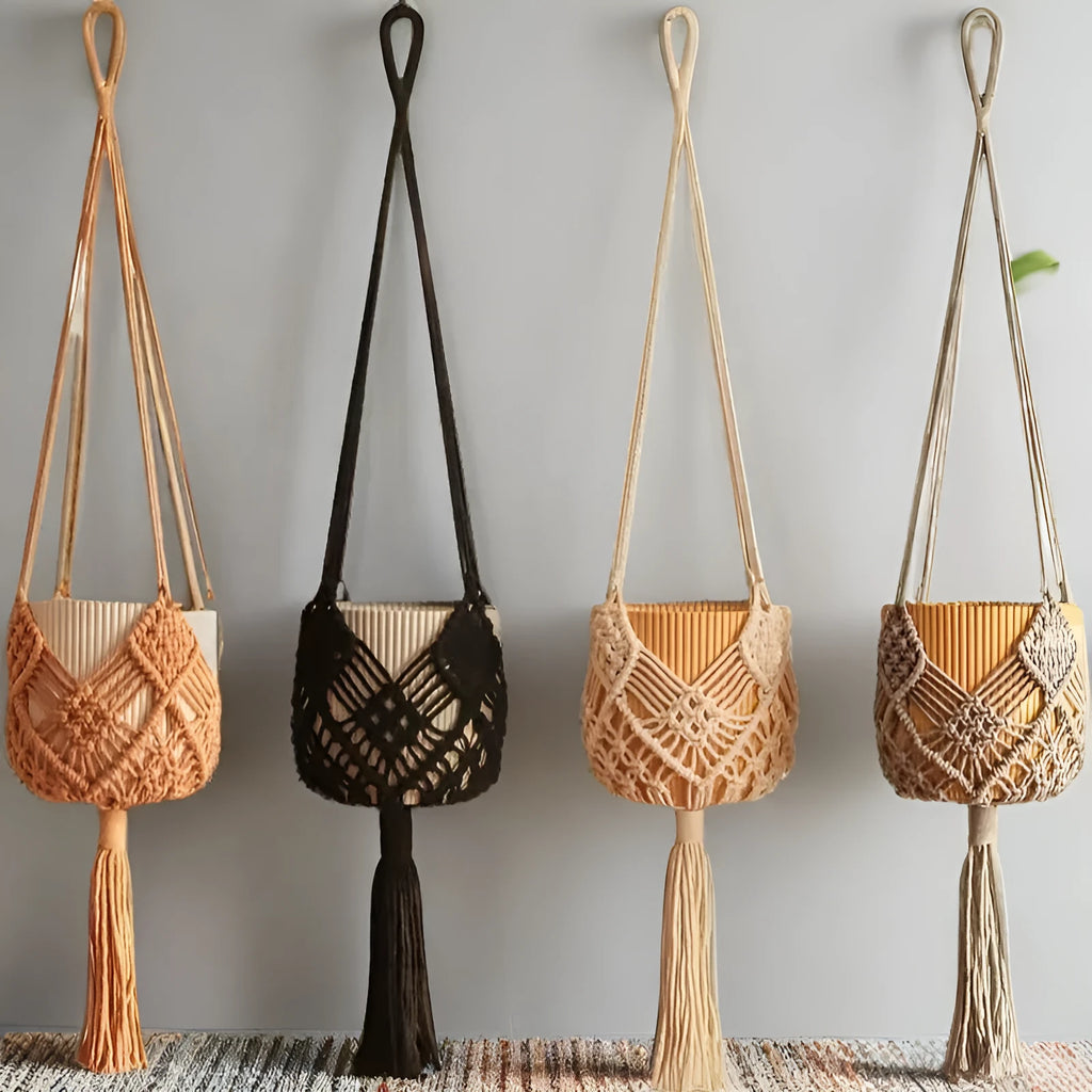 Hand-woven minimalist flower pot in polyester cotton showing net pocket extension cord design