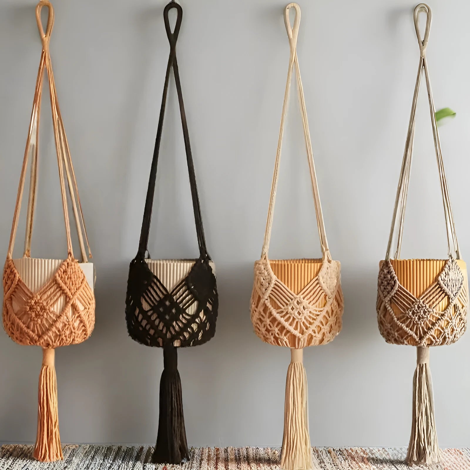Hand-woven minimalist flower pot in polyester cotton showing net pocket extension cord design