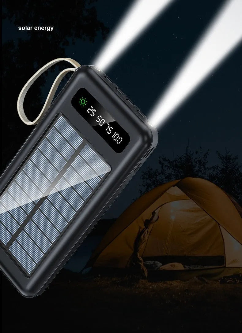 Solar power bank in black or white with capacity display showing 20000mAh or 30000mAh options