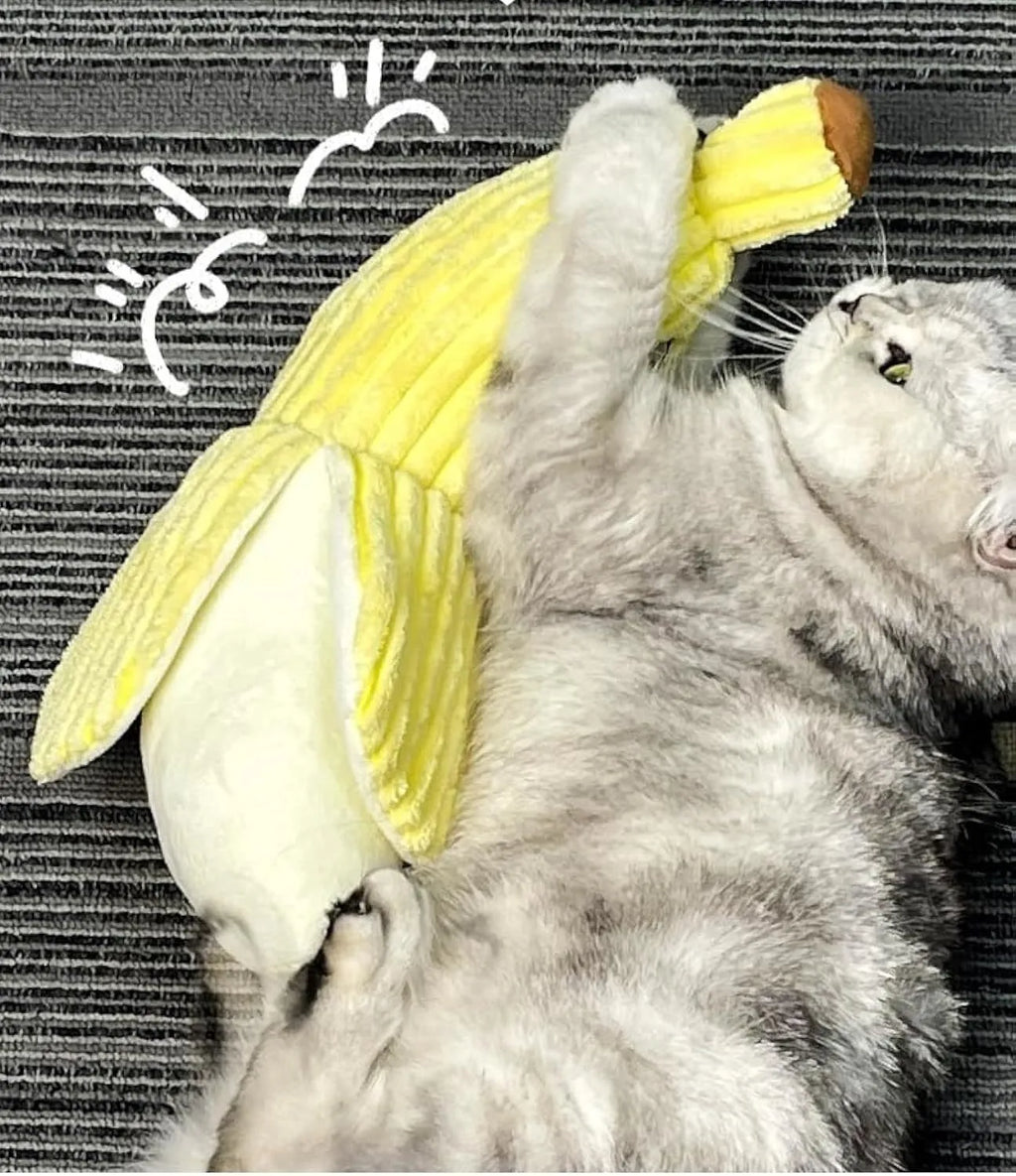 Yellow banana-shaped cat toy with crinkle paper and catnip for indoor feline play