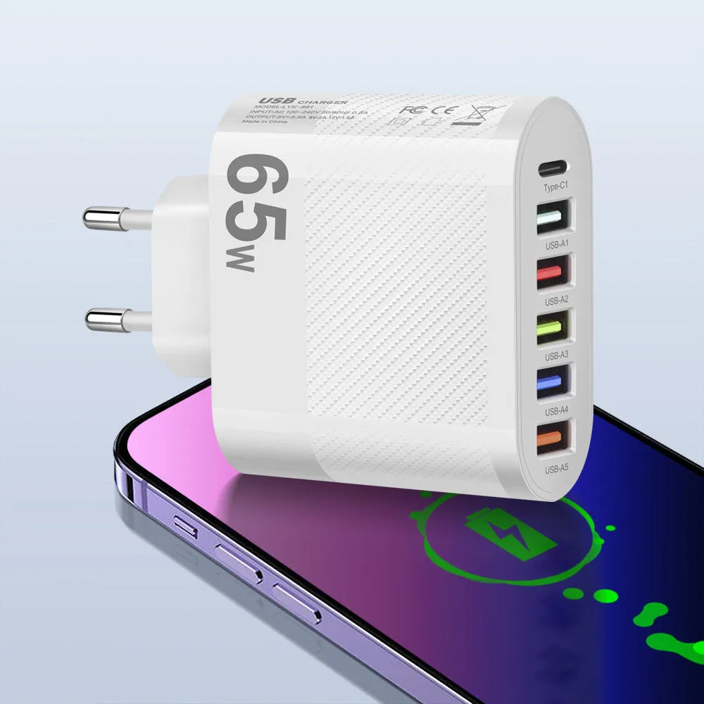 White Type-C USB charging plug compatible with EU UK US electrical outlets