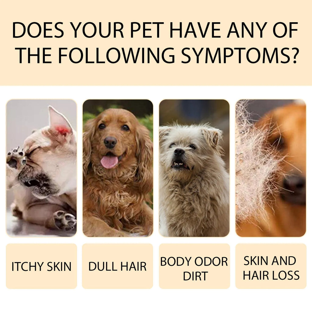 Mild pet shampoo bottle for dogs in 100ml and 300ml sizes for gentle coat cleaning and tangle prevention