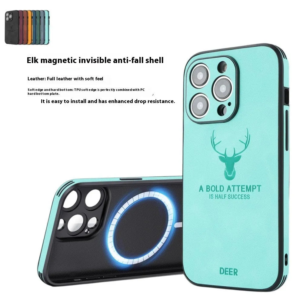 iPhone 16 series phone case with embossed moose head design in imitation leather, shown in multiple colour options.
