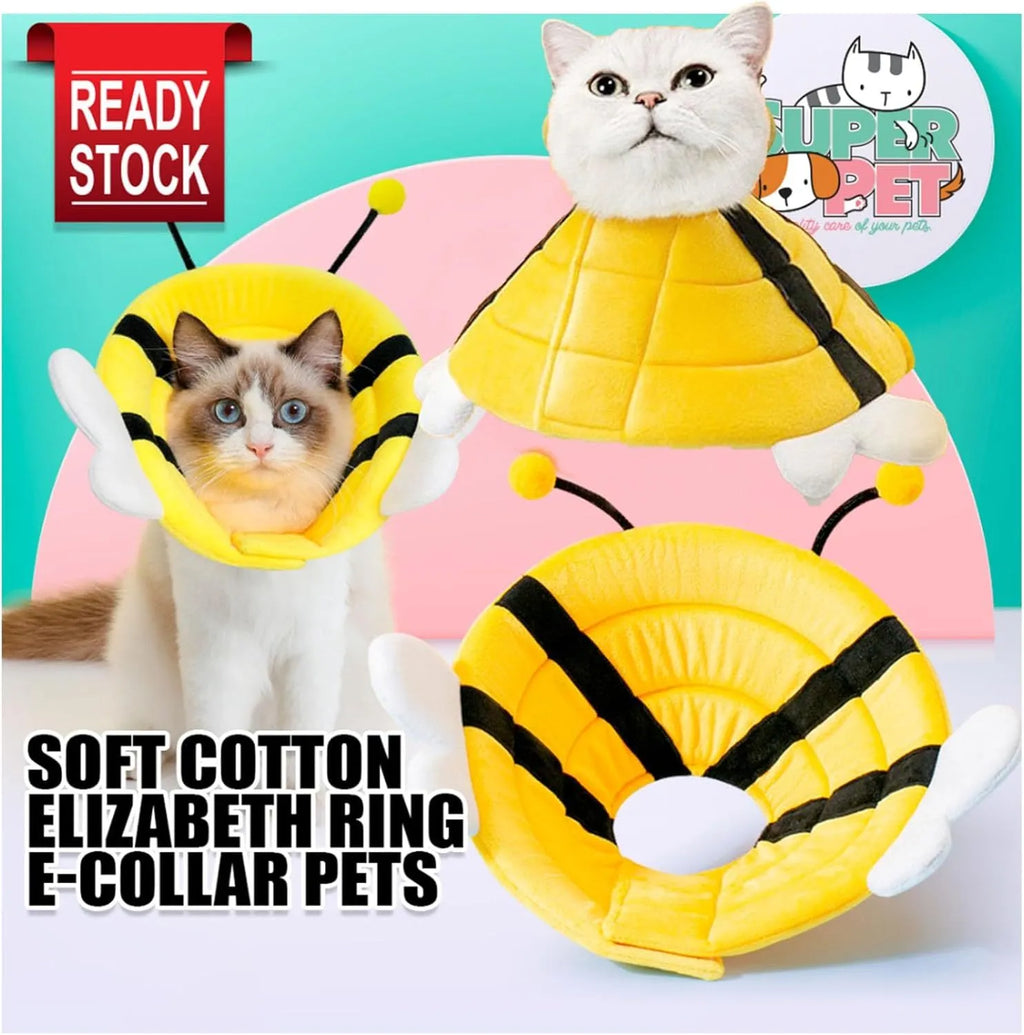 Soft white cat cone collar with black bee design and yellow wings, showing Velcro strap for adjustment.
