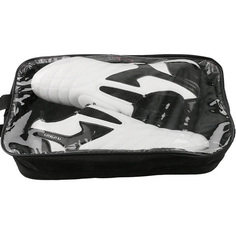 Black and white children's martial arts training shoes with soft bottom and widened design