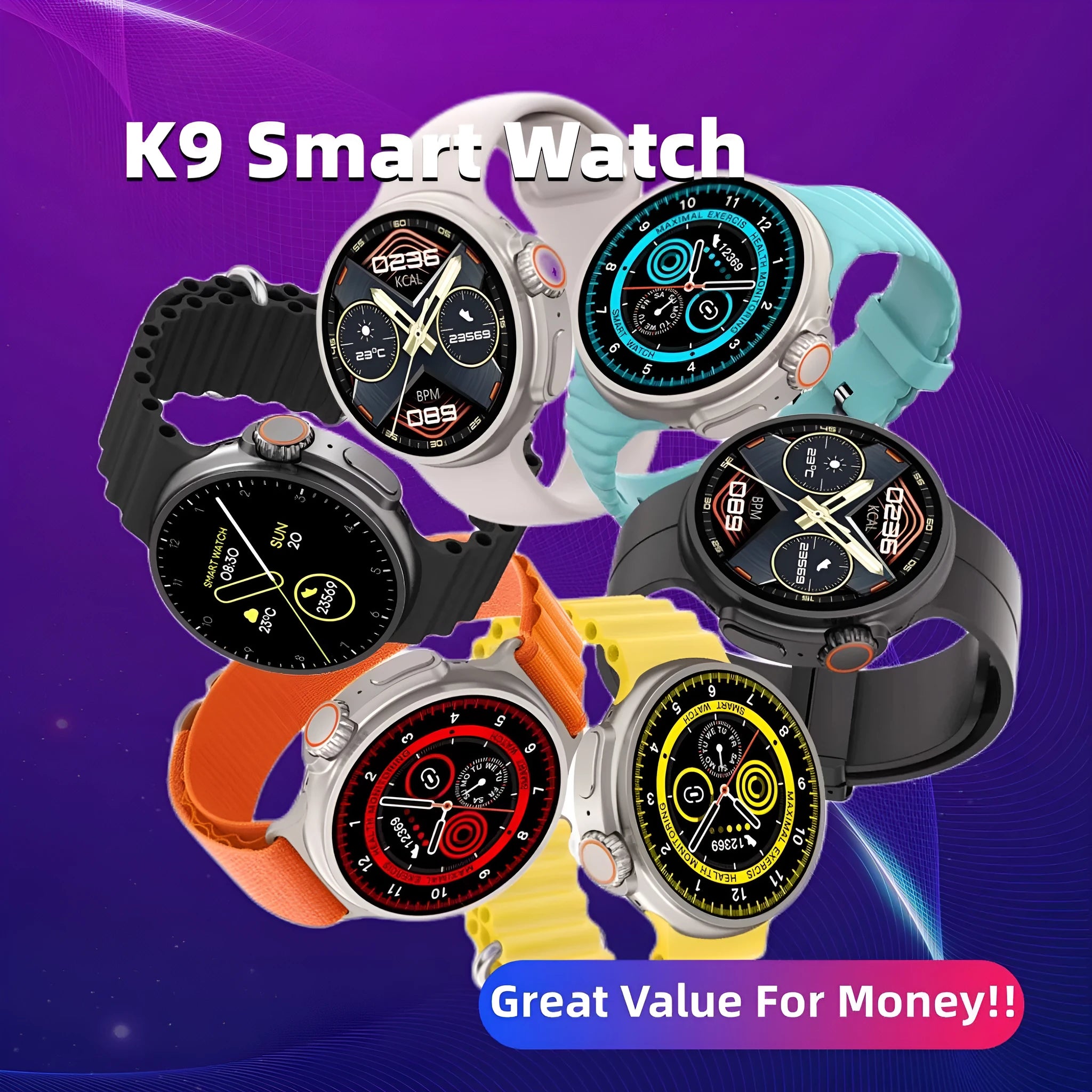 K9 smart watch with 44mm round case and silicone strap showing health metrics on 1.39 inch screen