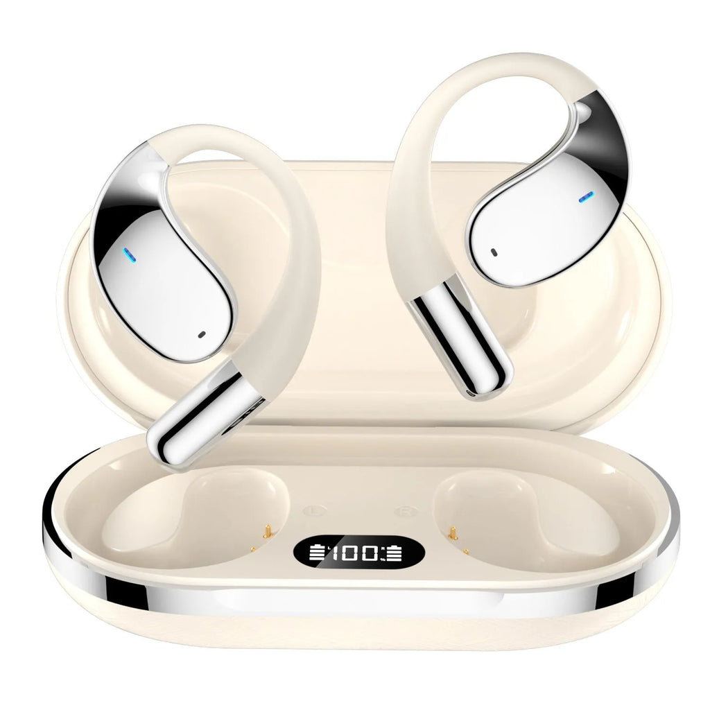 Sports Bluetooth earphones with hanging ear design in black or beige colour options
