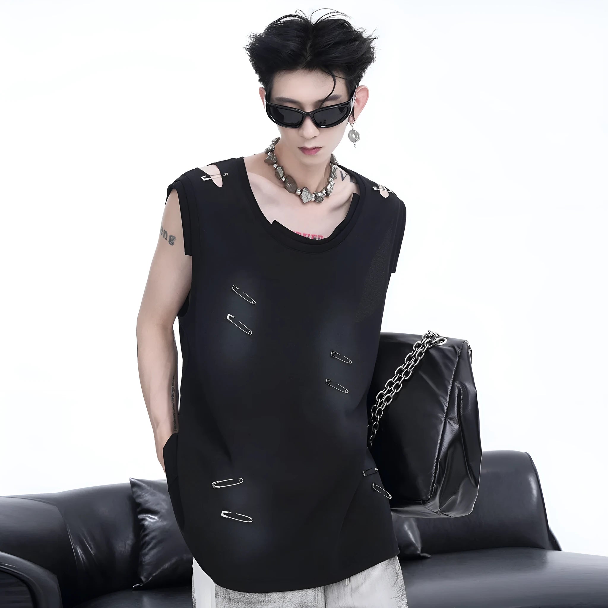 Men's black waistcoat vest with ripped irregular cutting piece design and round neck collar