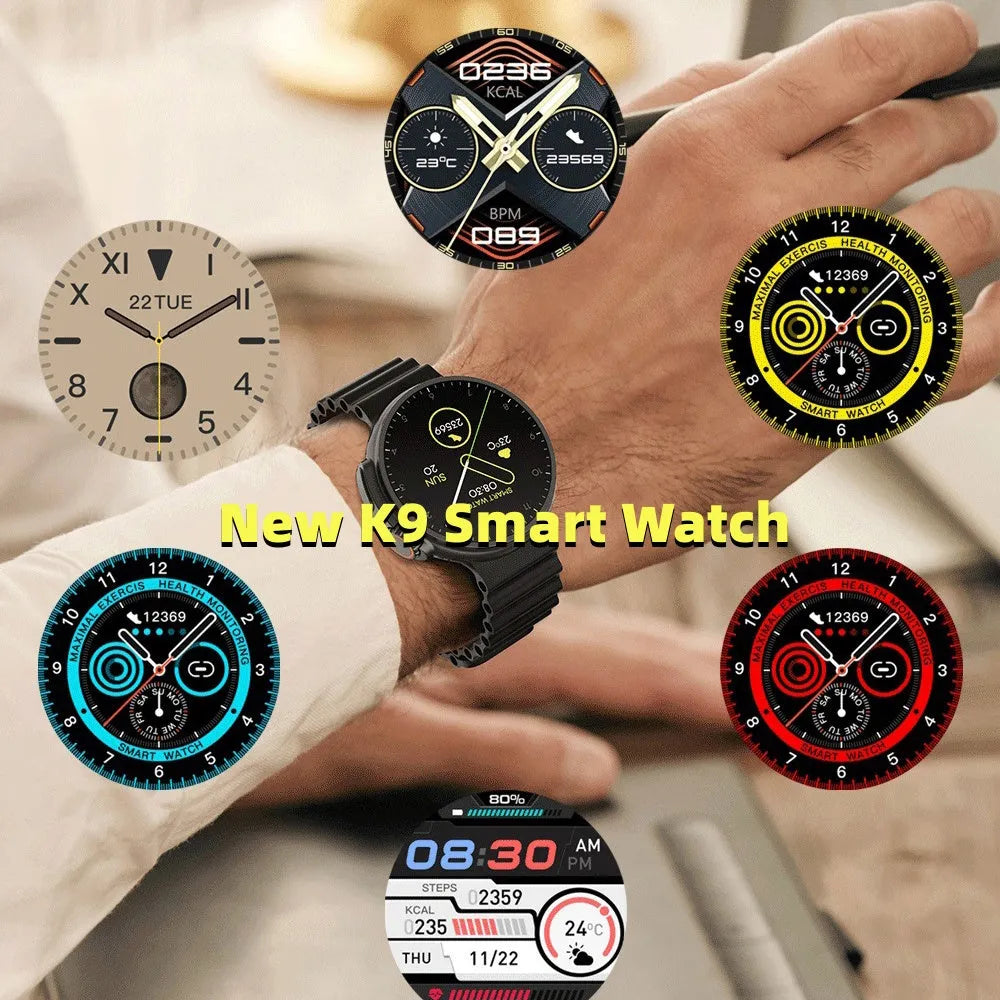 K9 smart watch with 44mm round case and silicone strap showing health metrics on 1.39 inch screen