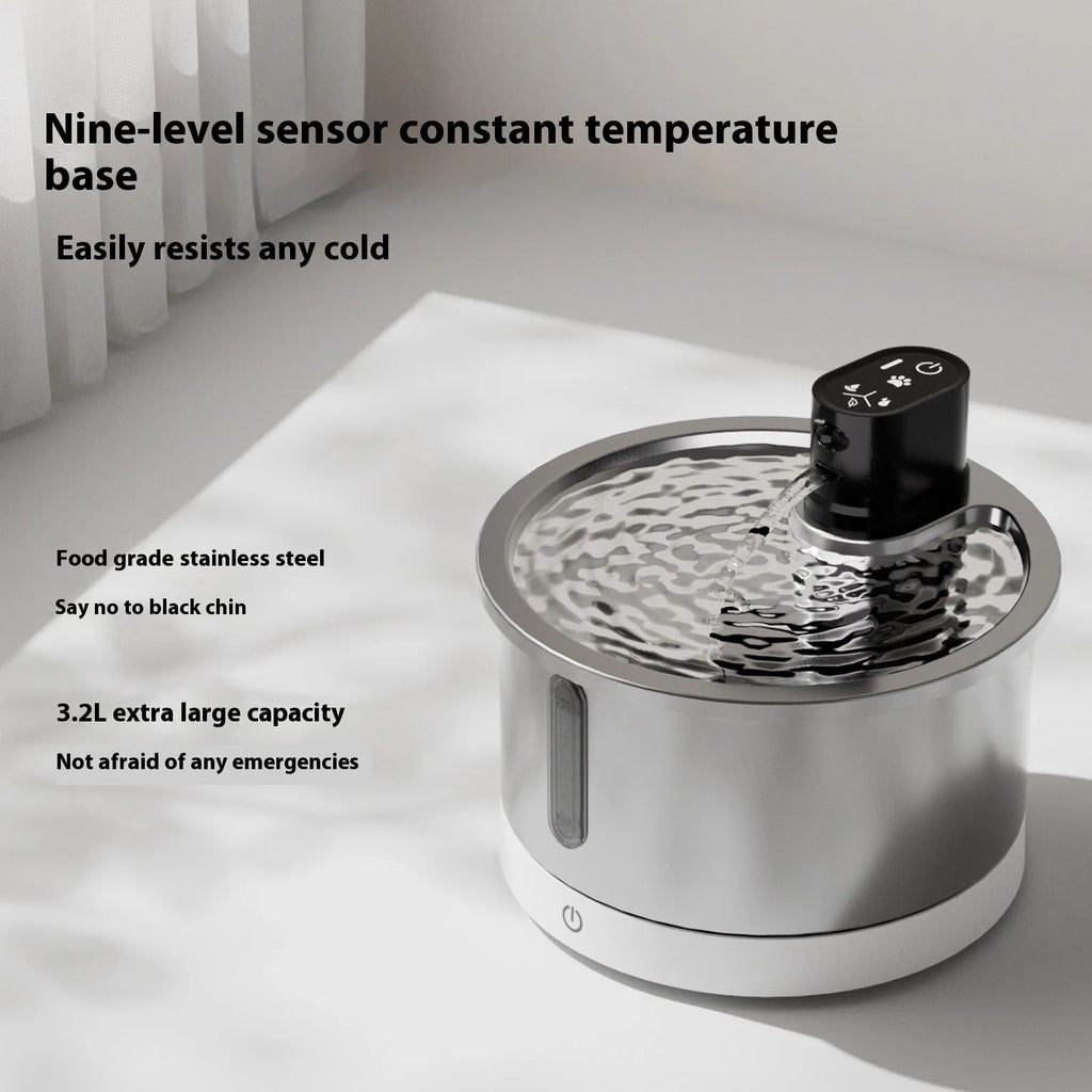 White stainless steel pet water fountain with ceramic base and temperature control display